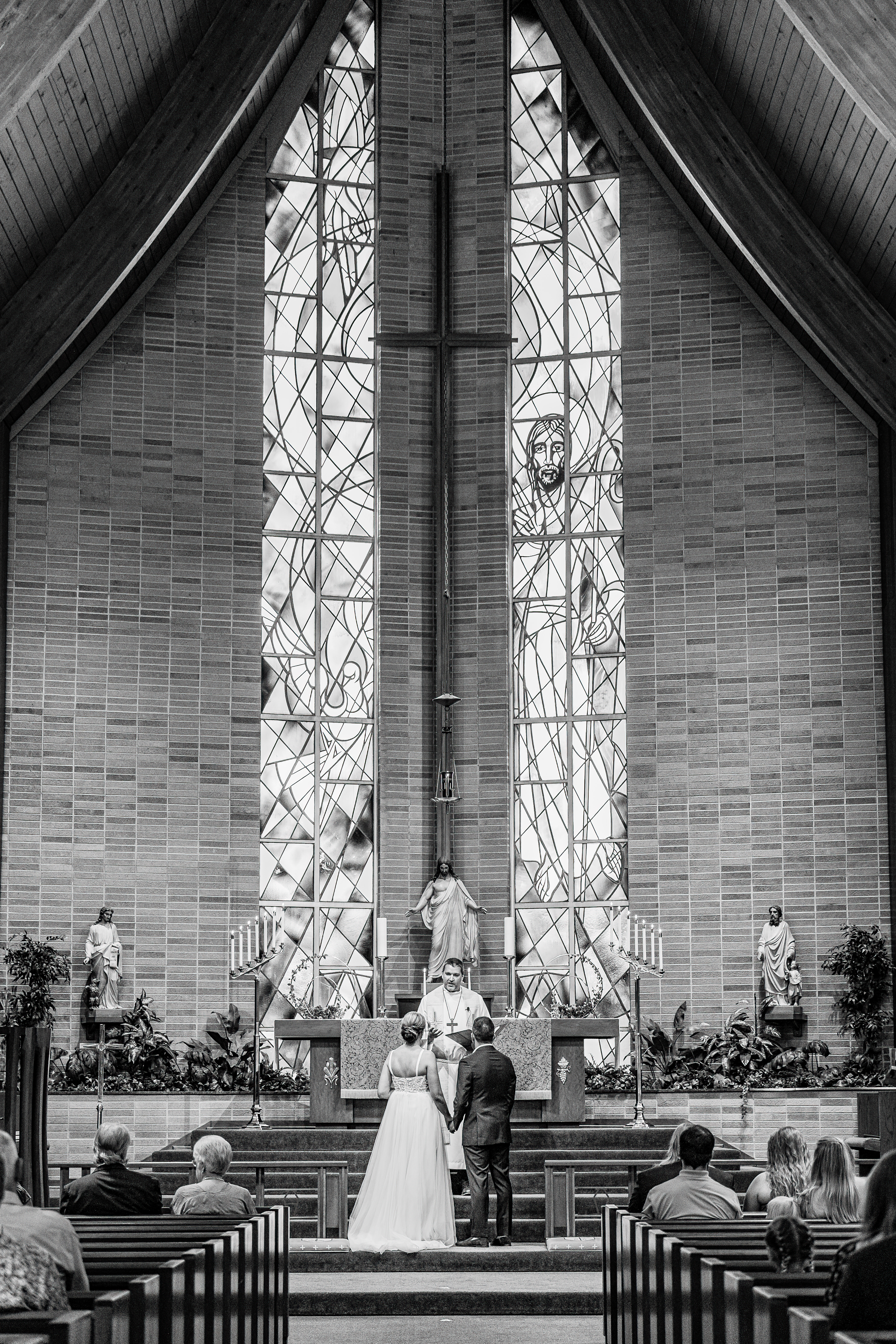 black and white portrait church wedding ceremony