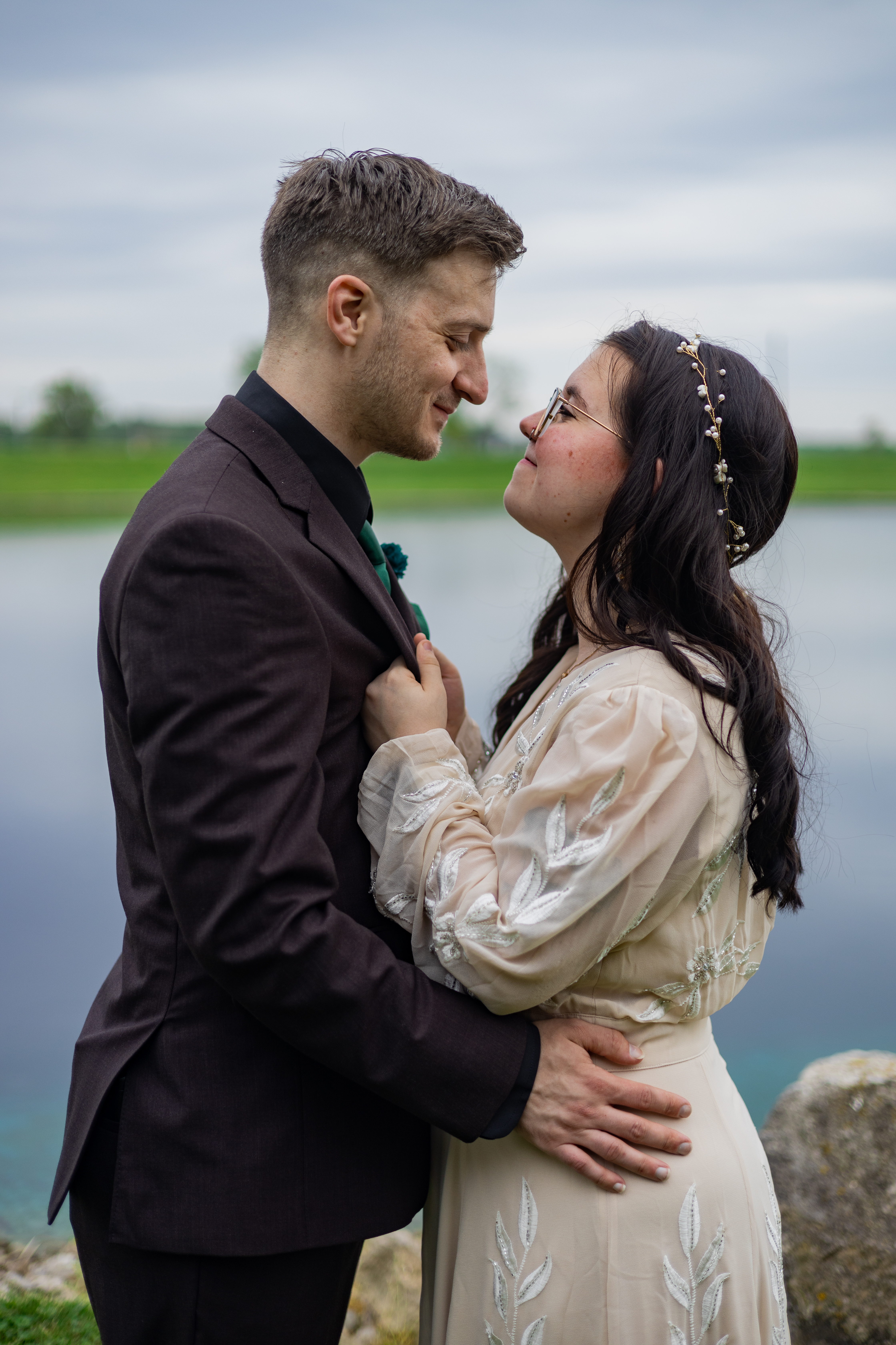 bride and groom embracing