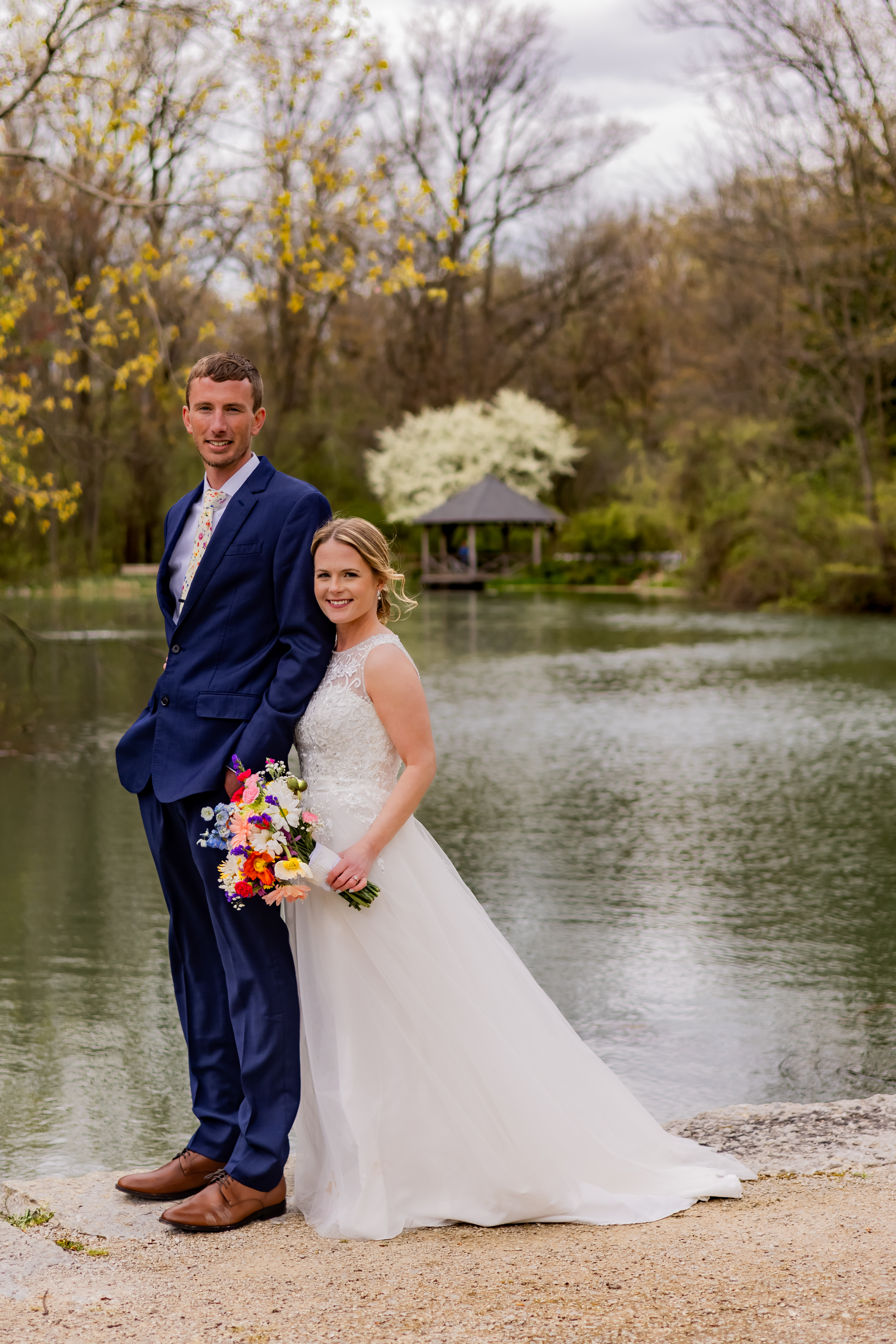 bride and groom on lakeshore